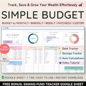 Simple Budget Spreadsheet for Google Sheets | Monthly Weekly Biweekly Paycheck Budget Planner | Bill, Expense & Debt Financial Tracker