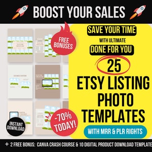 25 Etsy Listing Photo Templates with MRR & PLR, Etsy Listing Mockup, Editable Canva Templates for Etsy Lising, Done for You Listing Template
