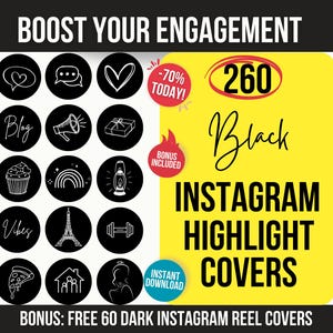 260 Black Instagram Highlight Covers, Dark Aesthetic Instagram Story Highlights Icons, Minimalist Black and White Line Art Highlight Covers