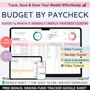 Spreadsheet begroting per salaris, sjabloon financiële planner Google Spreadsheets, maandelijkse wekelijkse tweewekelijkse rekeningen, onkosten, spaar- en schuldentracker