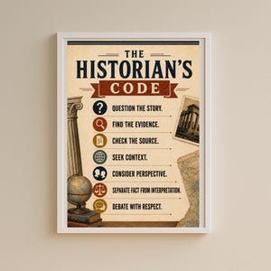May include: A framed poster titled THE HISTORIAN'S CODE in dark blue and red text. It lists seven principles with icons: question the story, find the evidence, check the source, seek context, consider perspective, separate fact from interpretation, and debate with respect. A column, globe, books, and map are illustrated.