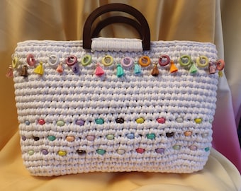 beach and walking bag in white cotton ribbon embellished with colored beads, tassels and pendants, size 40x23x8, hand handles