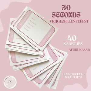 Puede incluir: Una pila de tarjetas rosas y blancas con el texto "30 Seconds" y "VRIJGEZELLENFEEEST" en la tarjeta superior. Las tarjetas están etiquetadas con varias tareas, como "BRUID", "TROUWAUTO", "FIRST LOOK", "DANSEN" y "MAKEUP". El texto "40 KAARTJES AFDRUKBAAR" está en la esquina inferior derecha de la imagen. El texto "8 EXTRA LEGE KAARTJES!" está en la esquina inferior izquierda de la imagen.