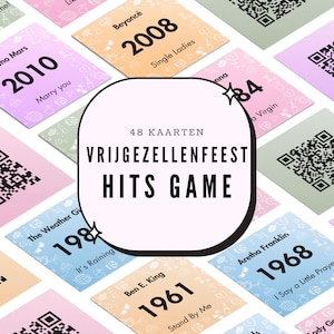 Pode incluir: Um conjunto de cart&otilde;es coloridos com t&iacute;tulos de m&uacute;sicas e anos, incluindo "Single Ladies" de 2008 e "Marry You" de 2010. O cart&atilde;o central diz "Vrijgezellenfeest Hits Game" com "48 Kaarten" acima. C&oacute;digos QR s&atilde;o vis&iacute;veis.