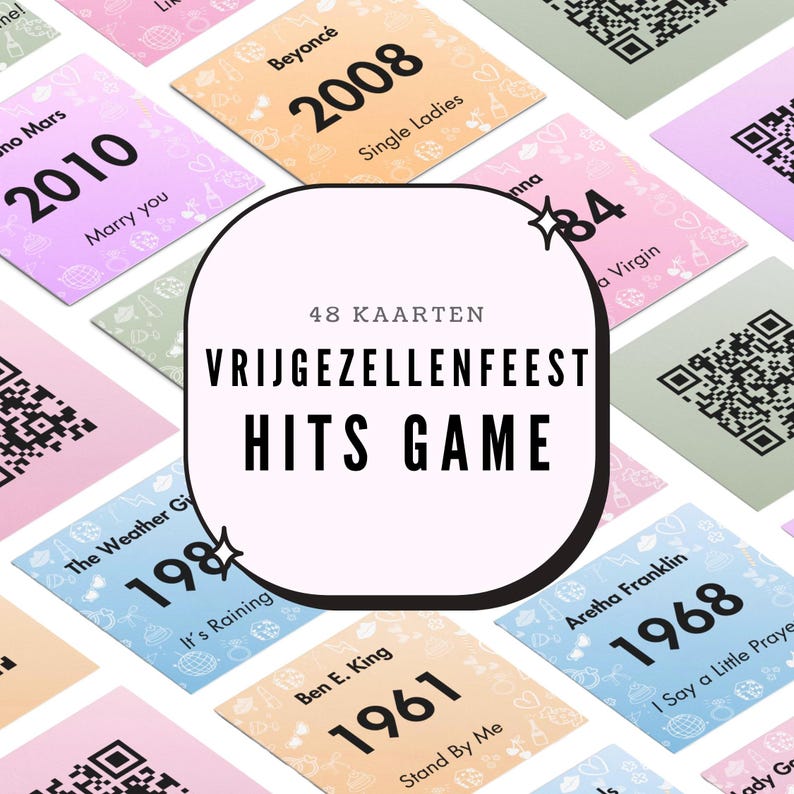 Pode incluir: Um conjunto de cart&otilde;es coloridos com t&iacute;tulos de m&uacute;sicas e anos, incluindo "Single Ladies" de 2008 e "Marry You" de 2010. O cart&atilde;o central diz "Vrijgezellenfeest Hits Game" com "48 Kaarten" acima. C&oacute;digos QR s&atilde;o vis&iacute;veis.