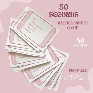 Puede incluir: Una pila de 40 tarjetas rosas y blancas con el texto "30 Seconds Bachelorette Game" y "Printable 8 Extra Empty Cards". Cada tarjeta tiene un borde rosa y el texto "30 Seconds" en el lateral.
