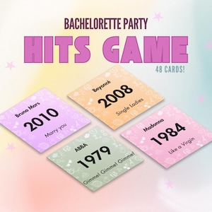 May include: A bachelorette party game with the text "Bachelorette Party Hits Game" and "48 Cards!". The game features four square cards with song titles and artists: Bruno Mars, ABBA, Beyonc&eacute;, and Madonna.