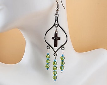 Silver Cross Chandelier Earrings