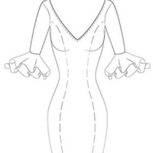 Puede incluir: Un dibujo en blanco y negro de un vestido con cuello en V y mangas con volantes.