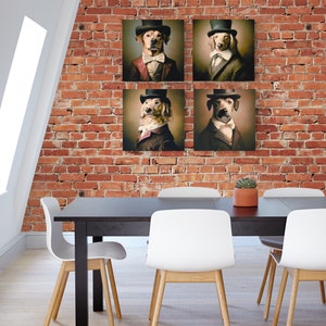 Set of 4 quirky Renaissance aristocrat dog wall art pieces. Digital download prints featuring whimsical canine characters dressed in Renaissance-era clothing