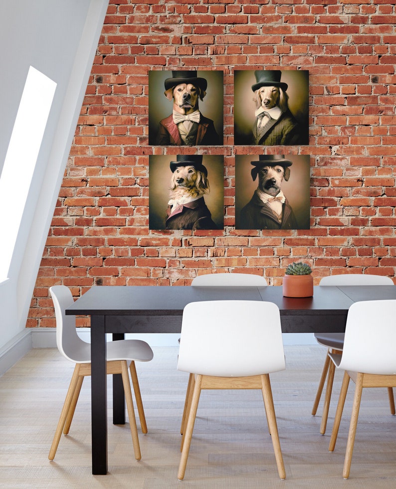 Set of 4 quirky Renaissance aristocrat dog wall art pieces. Digital download prints featuring whimsical canine characters dressed in Renaissance-era clothing