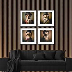 Set of 4 quirky Renaissance aristocrat dog wall art pieces. Digital download prints featuring whimsical canine characters dressed in Renaissance-era clothing