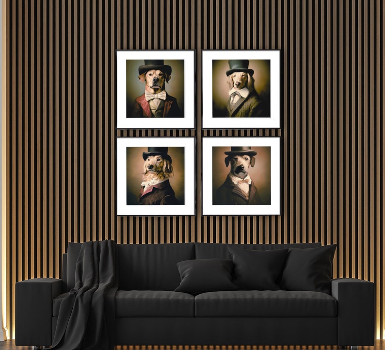 Set of 4 quirky Renaissance aristocrat dog wall art pieces. Digital download prints featuring whimsical canine characters dressed in Renaissance-era clothing