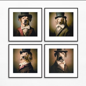May include: Four framed images of dogs wearing top hats and suits. Each dog is a different breed and has a different expression. The images are all in a vintage style.