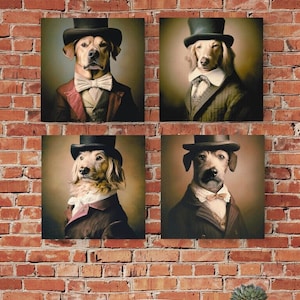 May include: Four framed portraits of dogs dressed in vintage clothing and top hats. The dogs are all different breeds and have different expressions. The portraits are set against a brick wall background.