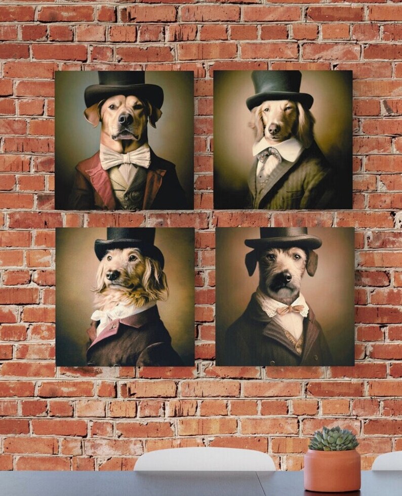 May include: Four framed portraits of dogs dressed in vintage clothing and top hats. The dogs are all different breeds and have different expressions. The portraits are set against a brick wall background.