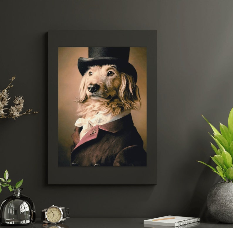 Set of 4 quirky Renaissance aristocrat dog wall art pieces. Digital download prints featuring whimsical canine characters dressed in Renaissance-era clothing