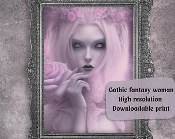 Pink Gothic Woman Portrait Wall Art, Ethereal Dark Fantasy Print, Dreamy Halloween Decor, Pastel Goth Printable Art, Digital Download
