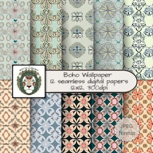 May include: Twelve digital papers with a boho theme. The papers feature various geometric patterns in shades of blue, green, pink, and beige. The papers are 12x12 inches and 300 dpi. The text "Boho Wallpaper 12 seamless digital papers 12x12, 300dpi" is in the center of the image. The text "JPEG format" is in the lower right corner of the image.