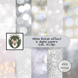 May include: A set of 12 digital papers featuring a white bokeh effect, showcasing blurred, circular light patterns in white and silver tones. The image includes the text "White Bokeh effect 12 digital papers 12x12, 300dpi".