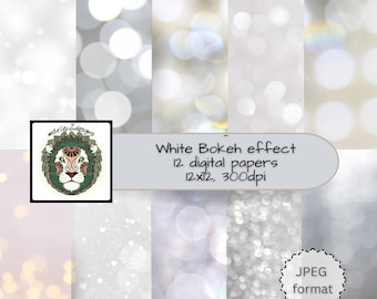 White iridescent pearlescent bokeh digital paper, white tones, scrapbooking crafting 300 dpi 12 x 12; bokeh lights