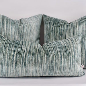 Greens/Blues Striped Velvet/Linen Throw Pillow - 3 Set (2-24&quot; Squares/1-15x30 Lumbar)