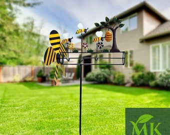 Bumble Bee Windmill for Garden Decor, Wind Spinner Bees, Metal Wind Bumble Bee Garden decor, 3D Metal Wind Spinner, Gardening Gift Rustic