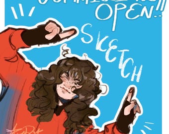 Può includere: Illustrazione di un personaggio con capelli ricci castani e giacca rossa, che indica verso l'alto. Lo sfondo è blu con le parole "COMMISSIONS OPEN!!" e "SKETCH" in bianco. L'opera è in stile cartone animato.