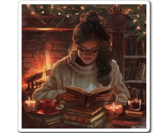 Woman reading book in front of a fireplace cute Magnets