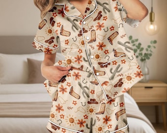 Western Desert Short Satin Pajamas, Cowboy Pajamas Set, Cactus Sleepwear, Western Satin Pajamas, Unique Gift