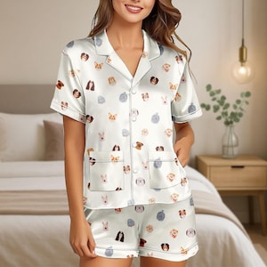 Pijama corto de satén para amantes de los perros, divertido pijama para perro, pijama de seda con dibujos de cachorros, pijama de novia con perro, pijama para mujer con perro.