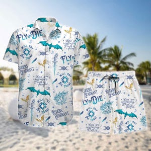 May include: White button-up shirt and matching shorts set with a repeating pattern of teal bats, dragons, swords, and text. The shirt and shorts have the text "FLY OR DIE" and "WILL NOT DIE TODAY".