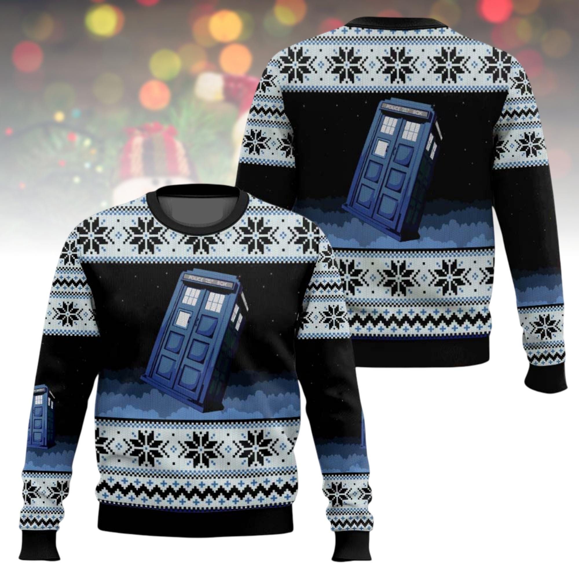 Discover Tardis Ugly Christmas Sweater, Doctor Who Xmas Sweater, Sci-Fi Ugly Sweater, Christmas Gift