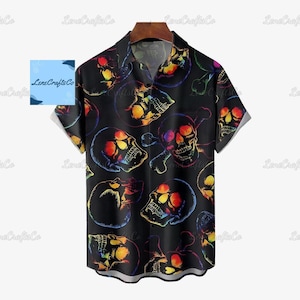 Halloween Skull Hawaiian Shirt, Scary Button Up Shirt, Spooky Season Aloha Shirt, Horror Aloha Shirts Men, Halloween Gift For Him