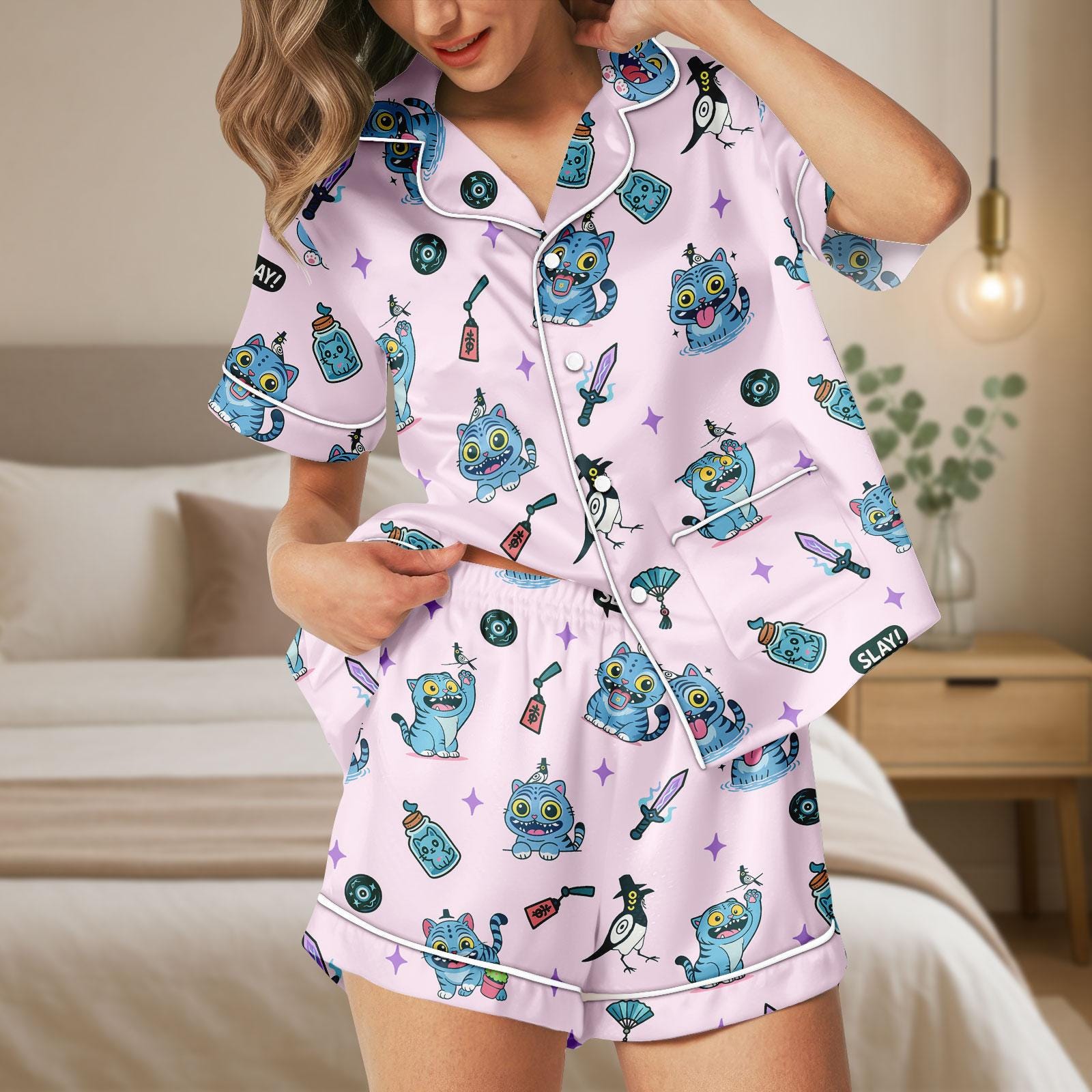 Discover Blue Tiger Pajamas Set with Pocket, Grinning Demon Tiger And Mystic Bird Pajamas, Blue Tiger And Bird Pajama, Kpop Gift