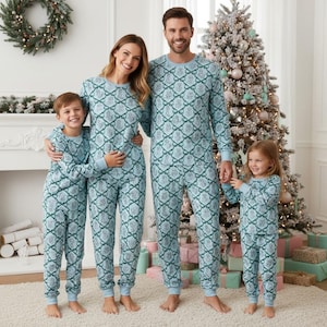 Family Long Sleeve Pajamas Set, Festive Blue Christmas Pajamas Family, Holiday Matching Pajamas, Cozy Xmas Gift