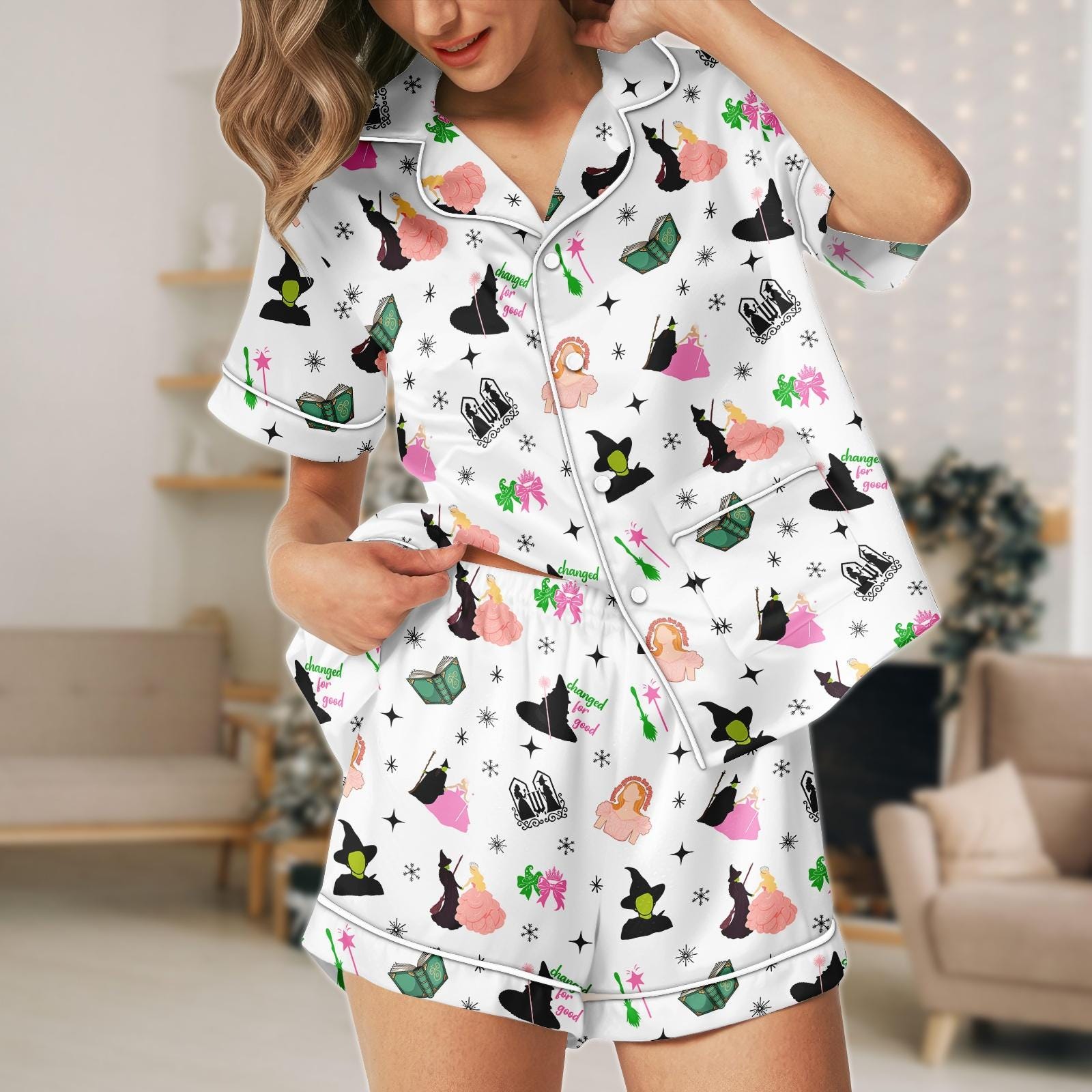 Discover Wicked Defying Gravity Pajamas Set with Pocket, Broadway Theater Gift for Women, Changed for Good Kid Pajamas, Pink And Green Sleepwear Set