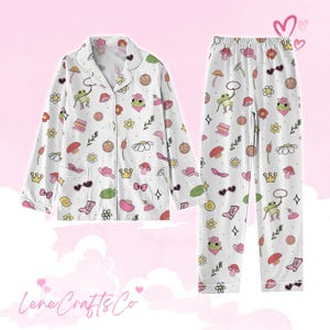 Pijama de rana lindo, conjunto de pijama divertido y acogedor, pijama de rana divertido, pijama de dibujos animados florales, pijama de dibujos animados, pijama familiar, regalo para ella