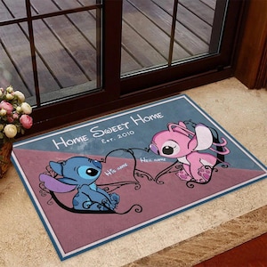 Stitch And Angel Doormat, Lilo And Stitch Rubber Base Doormat, Cute Couple Front Door Rug, Disney Entryway Decor, Housewarming Gift