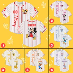 ミッキーと仲間たちのカスタム野球ユニフォーム、ディズニーキャラクターシャツ、ディズニー旅行お揃いジャージ、ディズニーランドファミリー衣装、ディズニーギフト