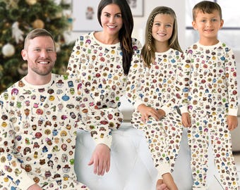 Cute Character Christmas Pajamas, Cartoon Design Pajama Set, Family Matching Pajamas Set, Holiday Gift
