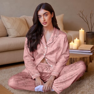 Pink Floral Long Satin Pajamas Set for Women, Floral Silk Sleepwear, Button Down Satin Lounge Set, Elegant Nightwear Gift, Pajamas Set