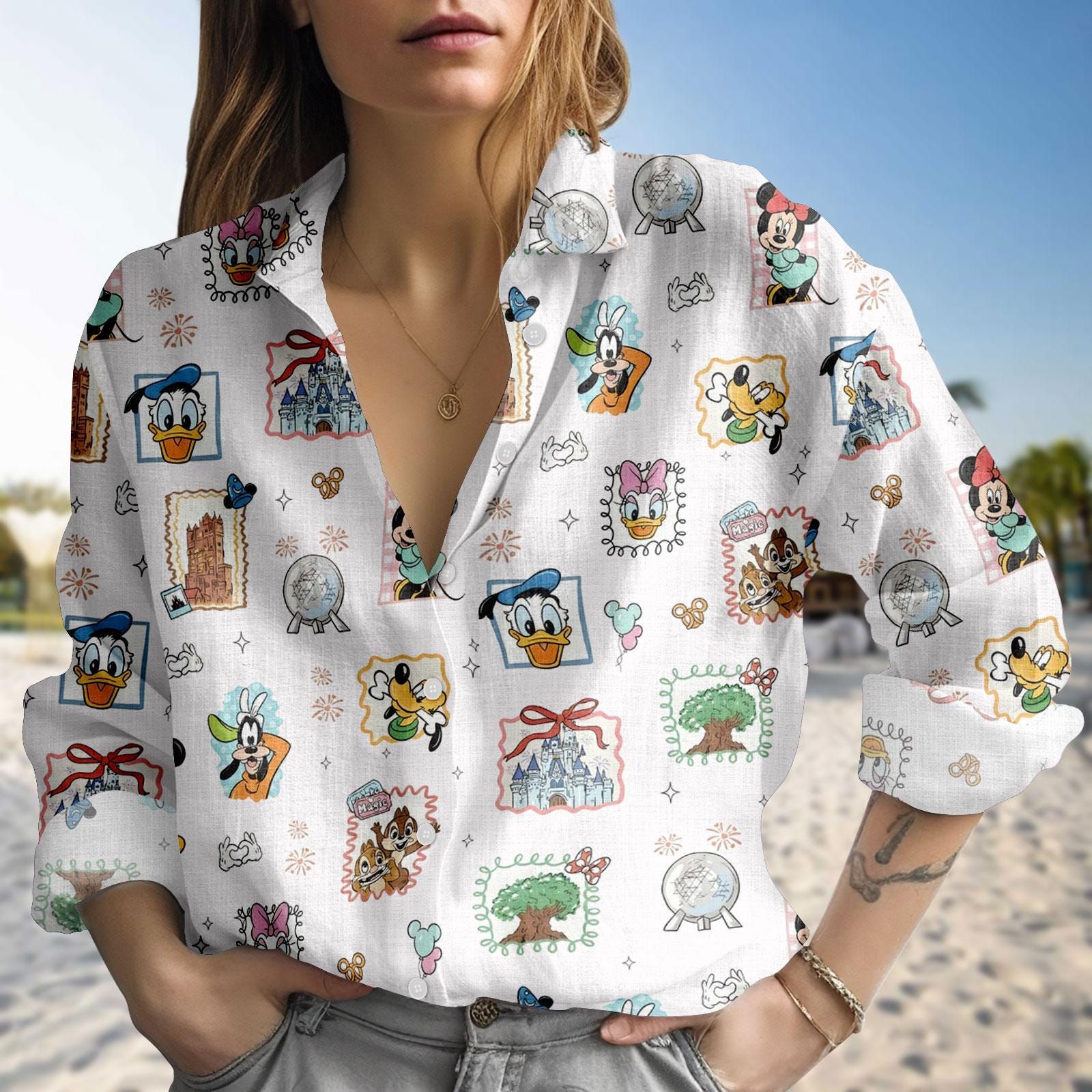 Discover Disney Women's Blouse Collection - Mickey, Donald Duck, Goofy Linen-Look Shirts