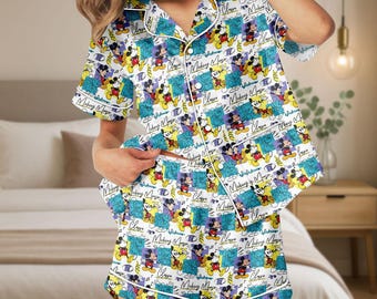Korte satijnen pyjama Mickey Mouse, pyjama Mouse Lover, zijden pyjama cartoon muis, zijden pyjama muis, Disney Mouse pyjama bruid, Disneyland pyjama