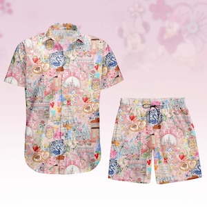 May include: A matching short-sleeved shirt and shorts set. The set has a pink floral pattern with castles, strawberries, and other whimsical elements. The shorts have a drawstring waist.