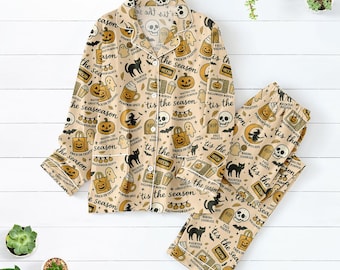 Halloween Kürbis Pyjama Set, Boo schwarze Katze Nachtwäsche, gruselige Themed Pyjama Set für Frauen, Herbst Loungewear Geschenk, Halloween Geschenk