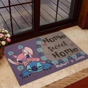 Custom Stitch And Angel Doormat, Lilo And Stitch Welcome Mat, Cute Couple Rubber Base Doormat, Disney Entryway Decor, Disney Doormat