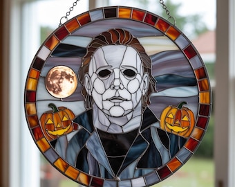 Michael Myers Stained Glass Suncatcher, Halloween Horror Window Hanging, Spooky Slasher Decor, Horror Fans Suncatcher, Horror Decor