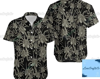 Alien Romulus Button Shirt, Alien Button Down Shirt, Facehugger Short Sleeve Shirt, Romulus Shirt, Alien Movie Beachwear, Horror Tee