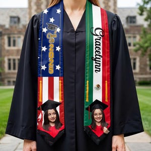 Class of 2026 Custom Photo Graduation Stole, Personalized American and Mexican Flag Stole with Name Gracelynn, Senior Gift for Graduate